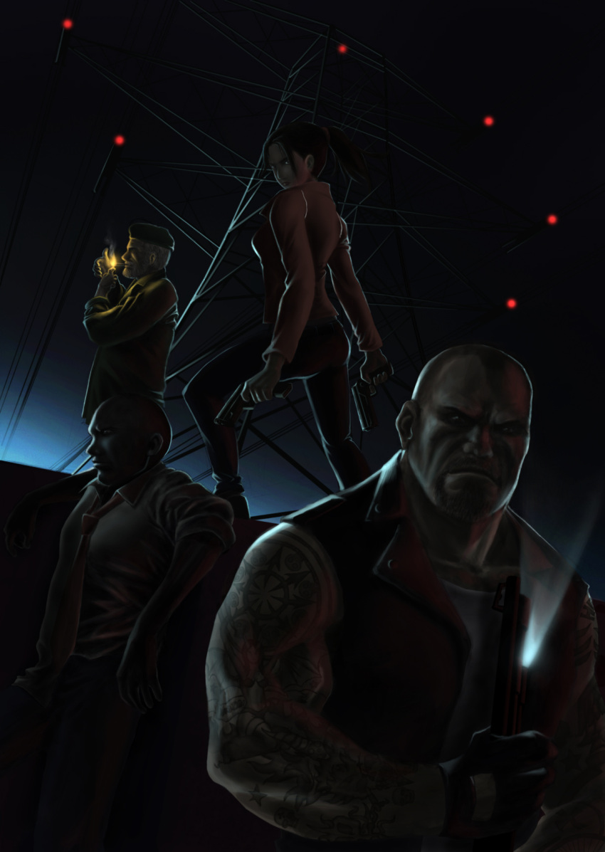 bald, beard, beret, bill_(left4dead), brown_hair, cigarette, dark, dress_shirt