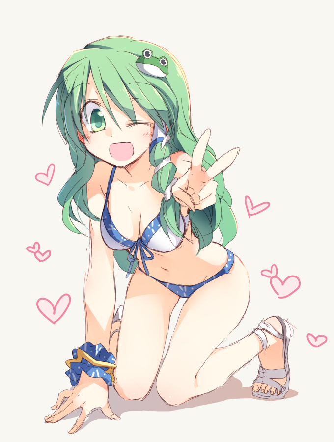 bare_shoulders, bikini, green_eyes, green_har, kochiya_sanae, long_hair, swimsuit, touhou