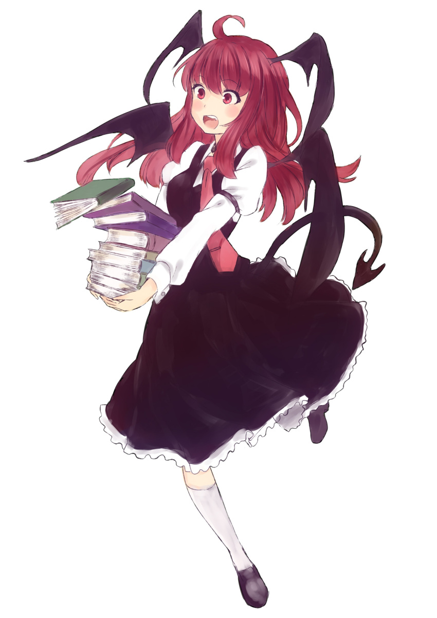 1girl, absurdres, ahoge, bat_wings, book, book_stack, clumsy, dress, falling, fang, head_wings, highres, koakuma, leg_up, long_hair, nagata_nagato, necktie, open_mouth, red_eyes, redhead, simple_background, sketch, solo, tail, touhou, white_background, wings