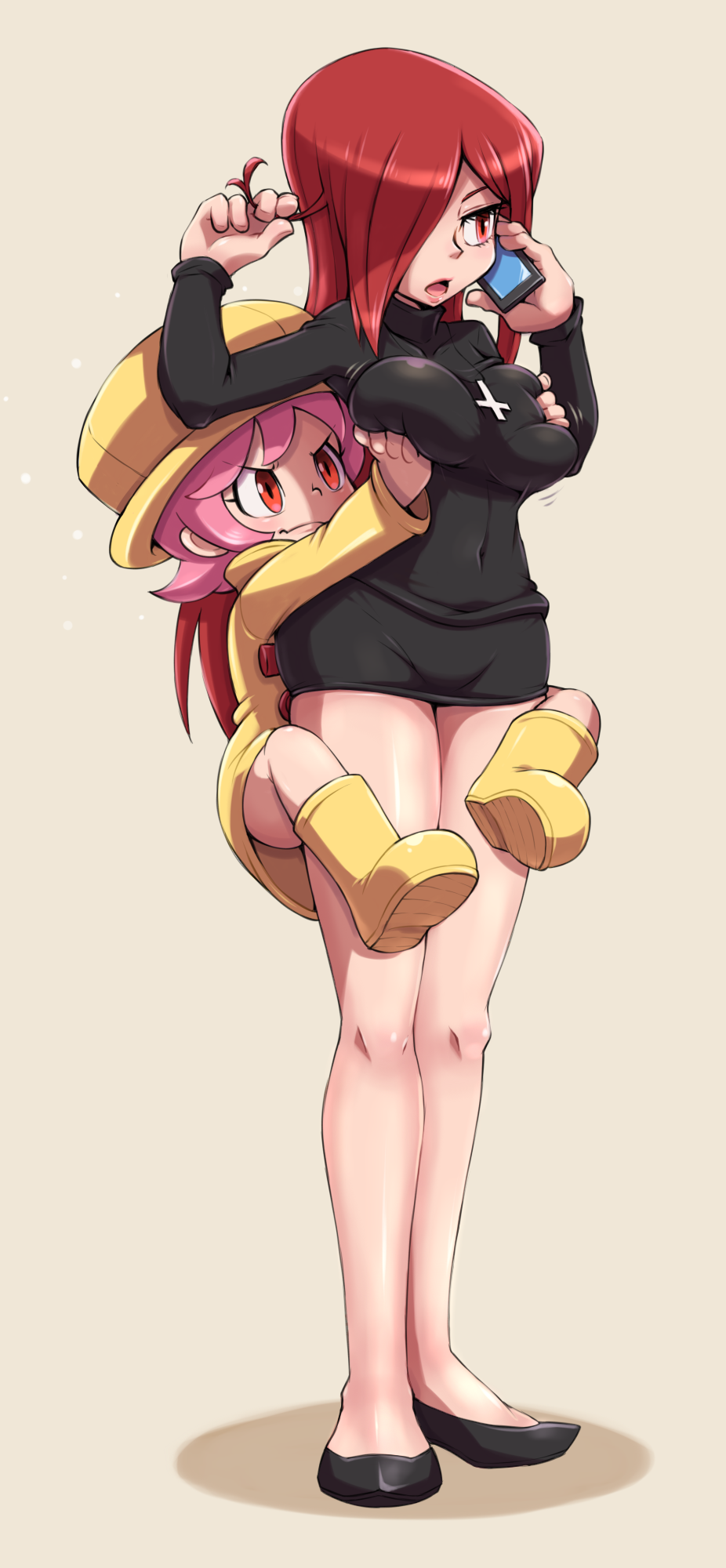 2girls, boots, breasts, brown_background, cellphone, cross, cross_necklace, hair_twirling, hat, highres, jewelry, large_breasts, legs, long_hair, moyoosu, multiple_girls, necklace, parasoul_(skullgirls), phone, pink_hair, red_eyes, redhead, simple_background, skullgirls, sweat, turtleneck, umbrella_(skullgirls)