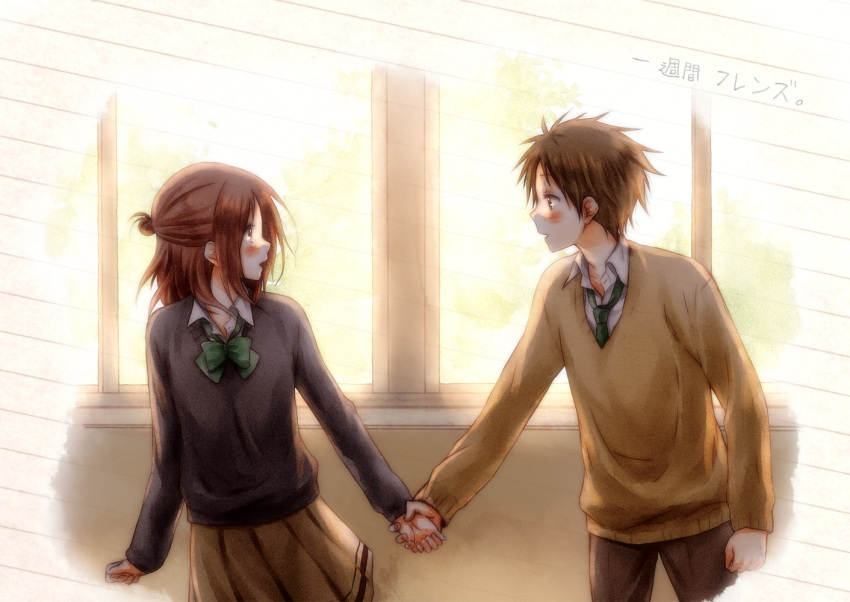 1boy, 1girl, blush, brown_eyes, brown_hair, fujimiya_kaori, hair_bun, hase_yuuki