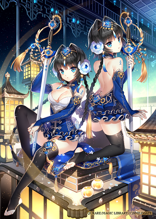 2girls, ass, bare_shoulders, black_hair, black_legwear, blue_eyes, blue_gloves, braid