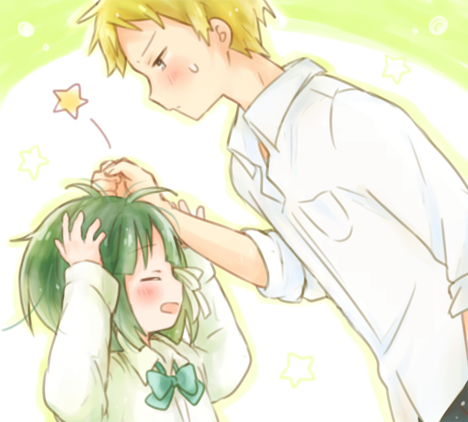 1boy, 1girl, blonde_hair, blush, green_hair, isshuukan_friends, kiryuu_shougo, nanaribon