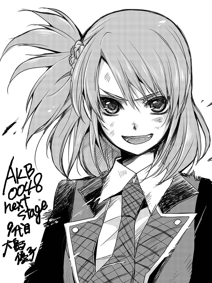 1girl, akb0048, asymmetrical_hair, hair_ornament, half_updo, long_hair, looking_at_viewer, monochrome