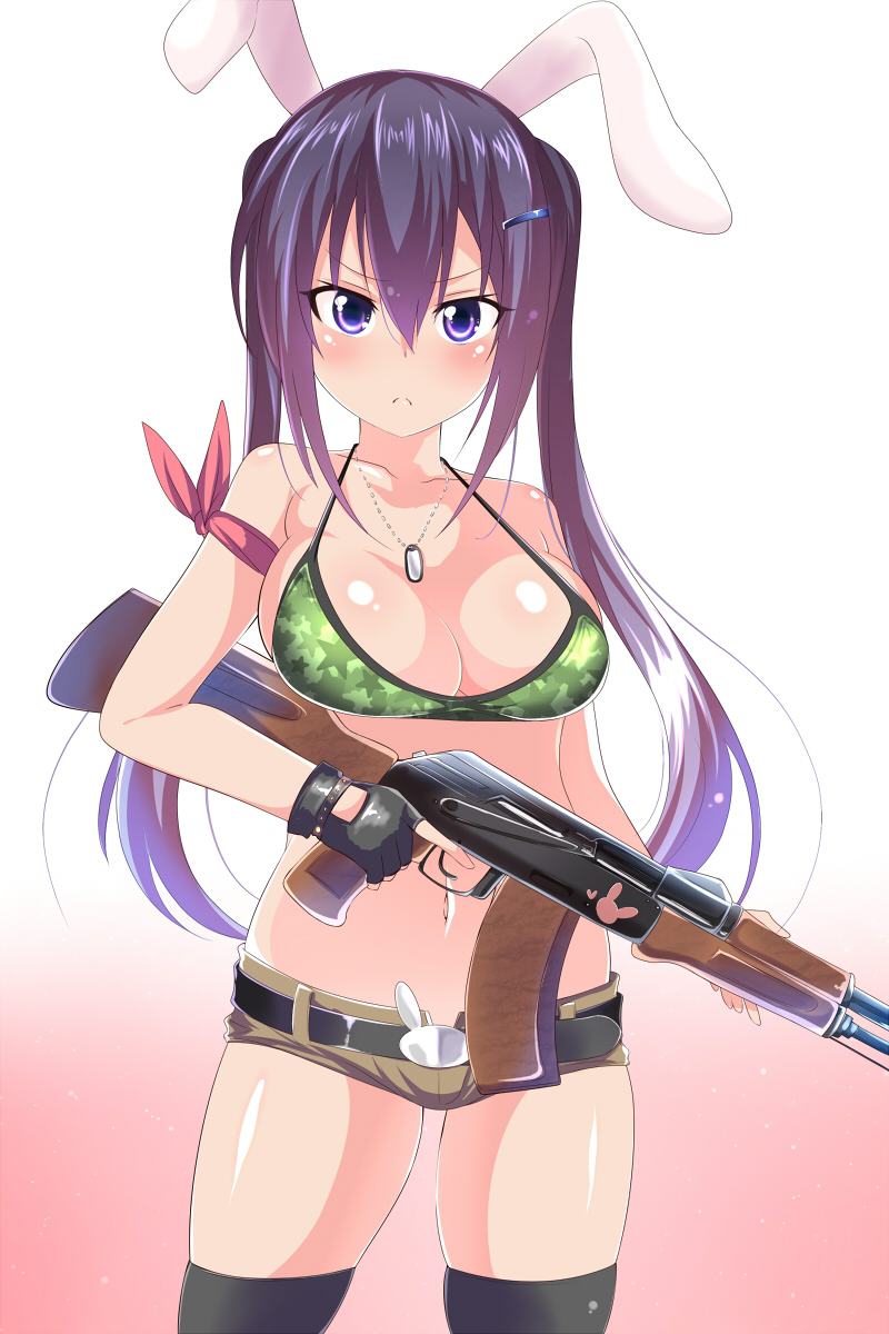 1girl, animal_ears, belt, black_gloves, black_legwear, blush, breasts, eyelashes