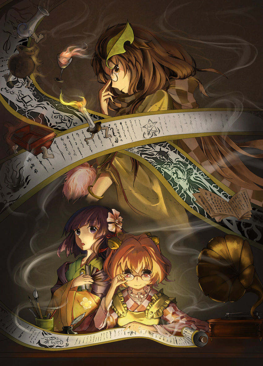 3girls, adjusting_glasses, apron, bell, book, brown_eyes, brown_hair, candle