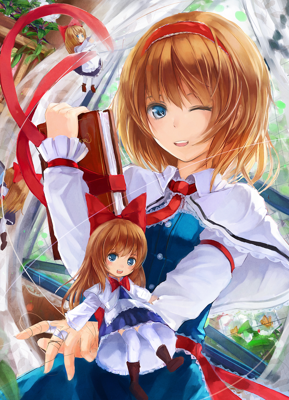 1girl, alice_margatroid, apron, arm_ribbon, blonde_hair, blue_dress, blue_eyes, book