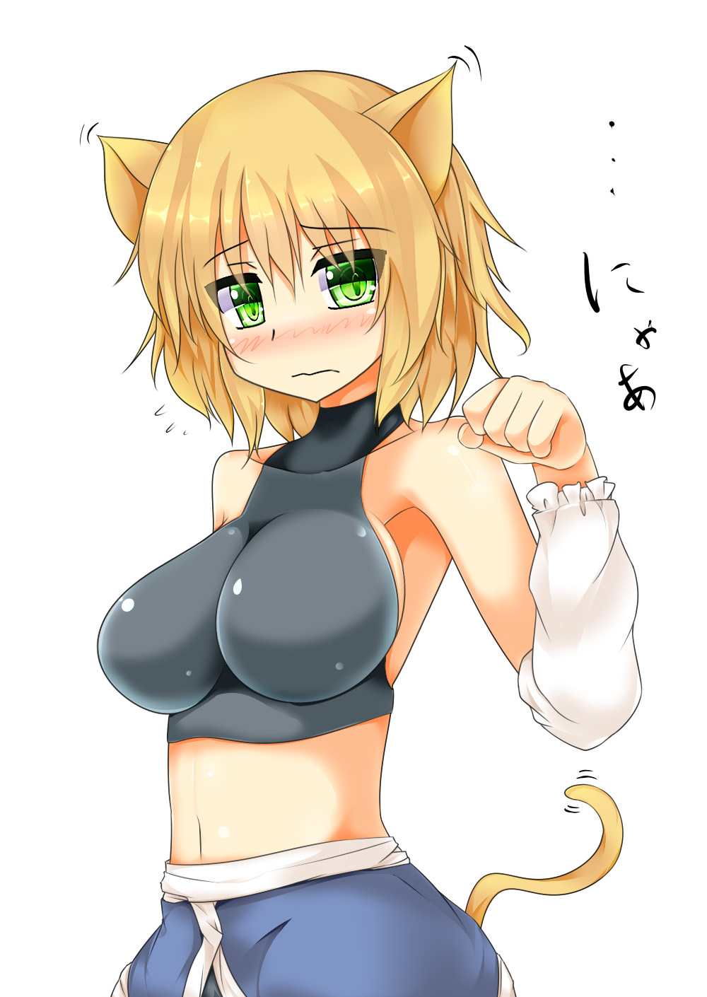 1girl, adapted_costume, alternate_breast_size, animal_ears, arm_warmers, bare_shoulders, blonde_hair, blush