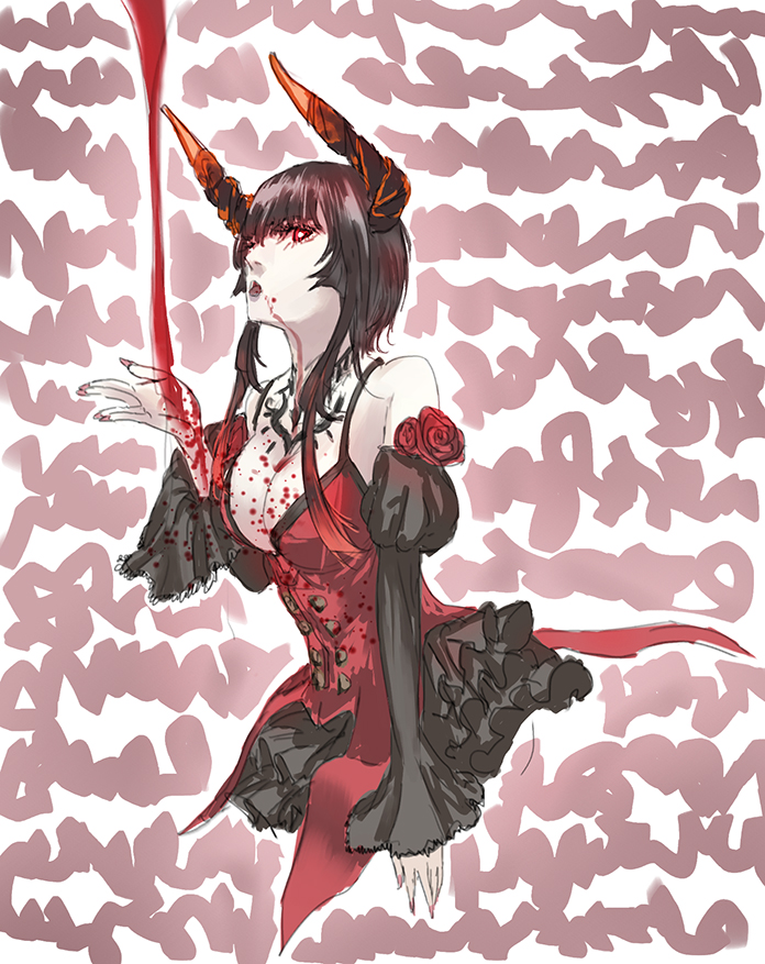 1girl, bare_shoulders, black_hair, blood, blood_splatter, breasts, bust, cleavage