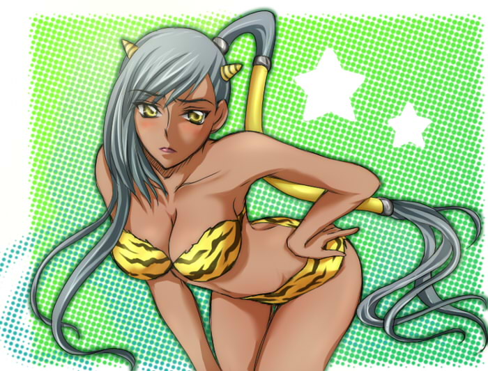 bikini, breasts, cleavage, code_geass, cosplay, cute, dark_skin, horns