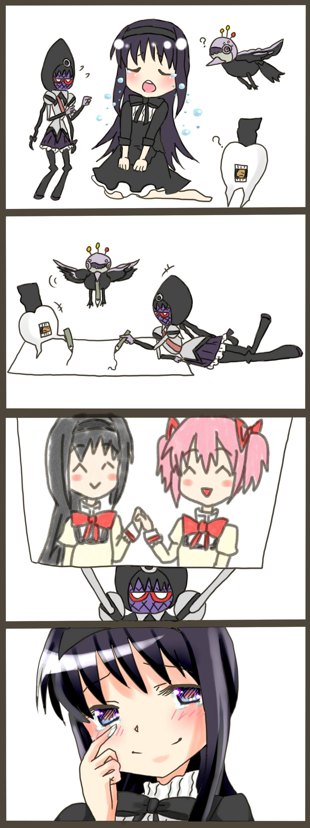 1girl, 4koma, ?, absurdres, akemi_homura, black_hair, blush, bow