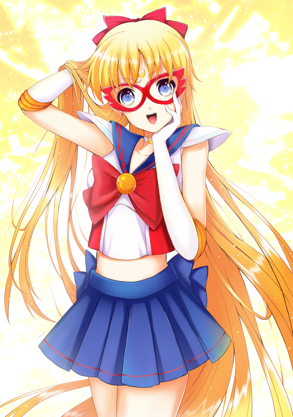 1girl, :d, aino_minako, bishoujo_senshi_sailor_moon, blonde_hair, blue_eyes, blue_skirt, bow