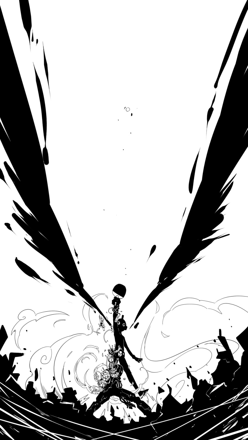 2boys, artist_request, highres, hoshino_yutaka, monochrome, multiple_boys, ping_pong_(manga), robot