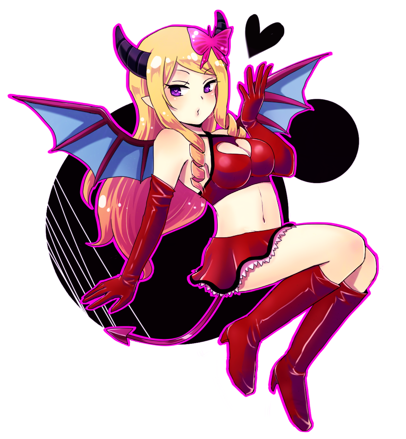 1girl, arm_support, armpits, bare_shoulders, blonde_hair, blown_kiss, blush, boots, breasts, butterfly, butterfly_hair_ornament, cappuccino1, cleavage, cleavage_cutout, demon_girl, demon_horns, demon_tail, demon_wings, drill_hair, elbow_gloves, gloves, hair_ornament, heart, heart-shaped_pupils, heart_cutout, high_heels, horns, kneehighs, lace-trimmed_skirt, lines, long_hair, mound_of_venus, navel, outline, pointy_ears, puzzle_&amp;_dragons, red_boots, red_clothes, red_gloves, red_skirt, sideboob, simple_background, skirt, solo, spots, succubus, succubus_(p&amp;d), symbol-shaped_pupils, tail, tank_top, violet_eyes, white_background, wings