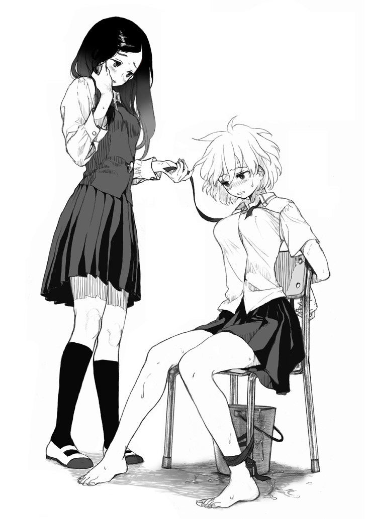 2girls, barefoot, bdsm, blouse, blush, bondage, bucket, chair, character_request, dress_shirt, hana-kagume, holding, kneehighs, long_sleeves, miniskirt, multiple_girls, pleated_skirt, ribbon, saki, school_uniform, shirt, shoes, skirt, standing, sweatdrop, undressing, usuzawa_sae, uwabaki, vest