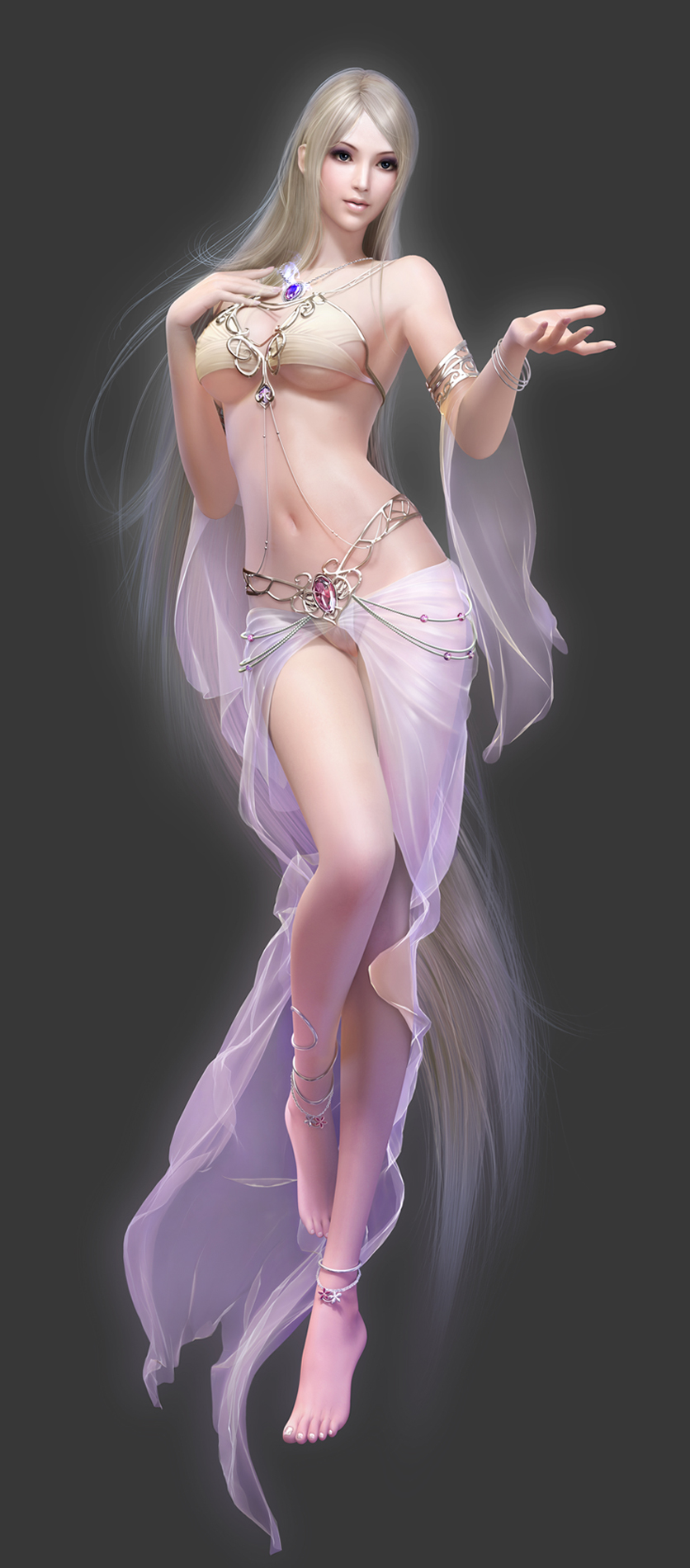 1girl, 3d, anklet, bare_shoulders, barefoot, blonde_hair, blue_eyes, bracelet