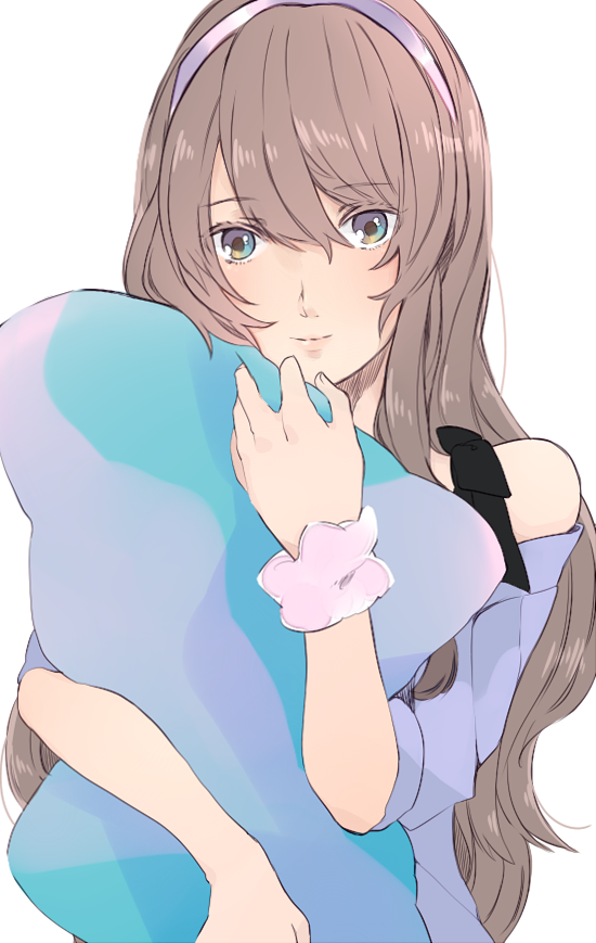 ashigara_(kantai_collection), brown_hair, hairband, kantai_collection, long_hair, multicolored_eyes, off-shoulder_sweater, pillow