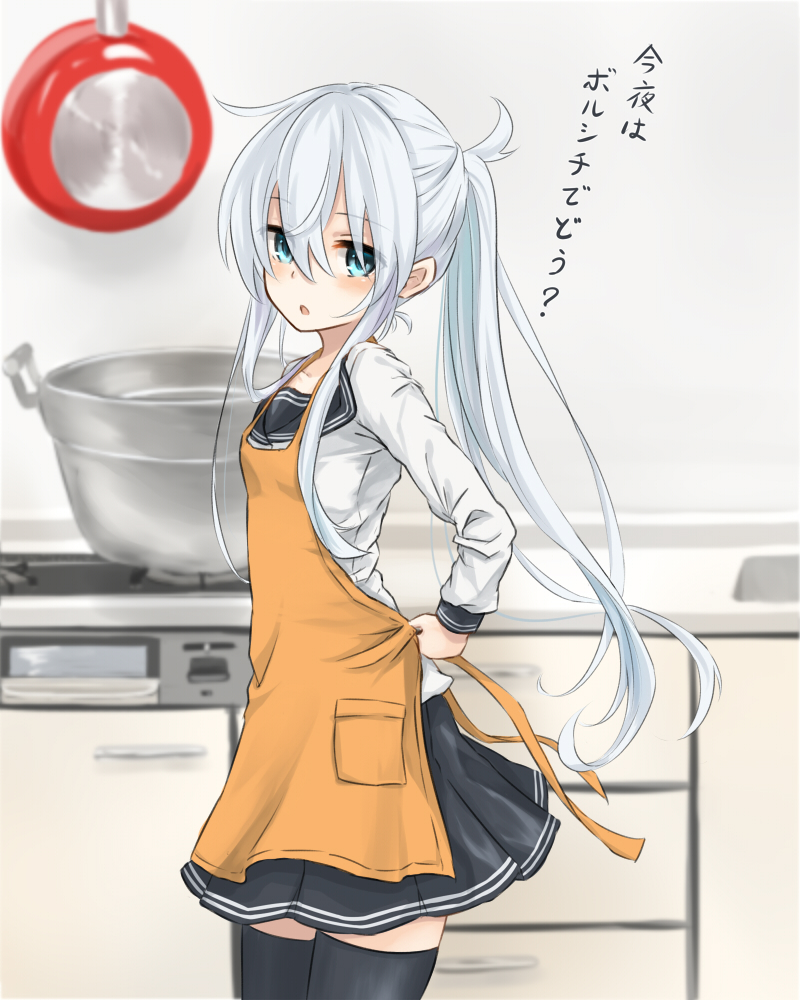1girl, apron, azuuru_(azure0608), black_legwear, blue_eyes, countertop, frying_pan, hibiki_(kantai_collection)
