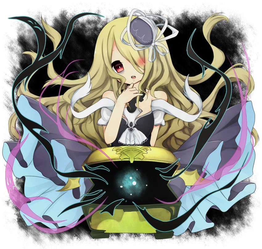 1girl, :o, a-iueo, bags_under_eyes, bare_shoulders, blonde_hair, chest, detached_sleeves