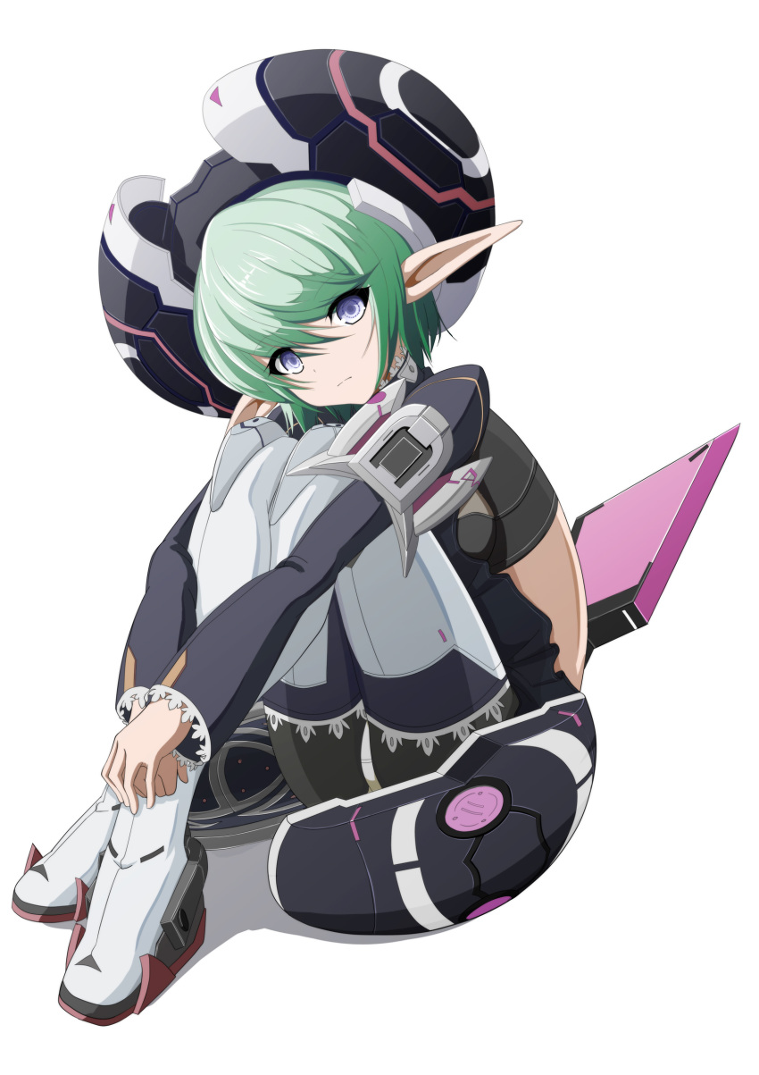 1girl, blue_eyes, boots, candy_crown, crossed_legs, enima, green_hair, hat