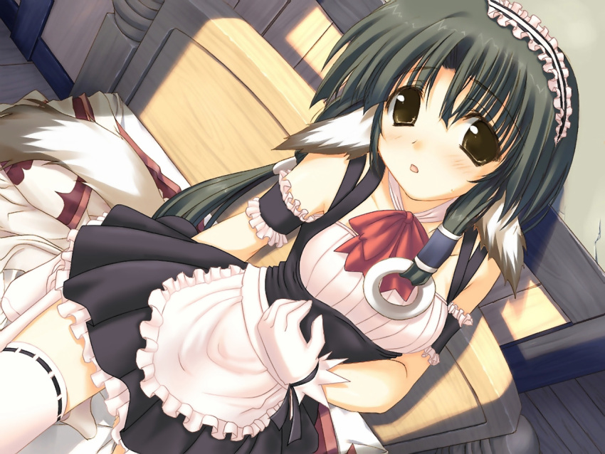 blush, bow, brown_eyes, brown_hair, doggirl, eruru, eruruu, green_hair, inumimi, long_hair, maid, moe, pony_tail, the_one_being_sung, utawarerumono