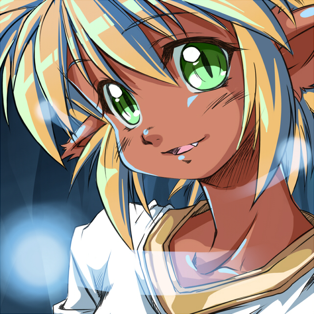 1girl, blonde_hair, blue_background, dark_skin, fam, fang, green_eyes, hikyou_tanken_fam_&amp;_ihrie