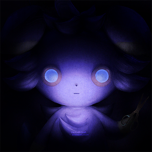 animated, animated_gif, artist_name, blue_eyes, creepy, dark, empty_eyes, espurr, holding, looking_at_viewer, lowres, no_humans, pokemon, pokemon_(creature), scissors, sephirona, watermark