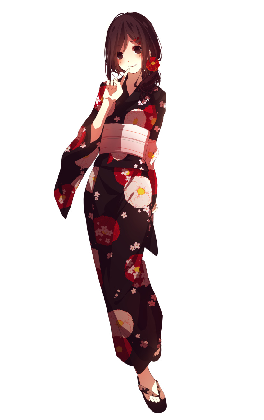 blush, brown_eyes, brown_hair, finger_to_mouth, flower, geta, hair_flower, hair_ornament