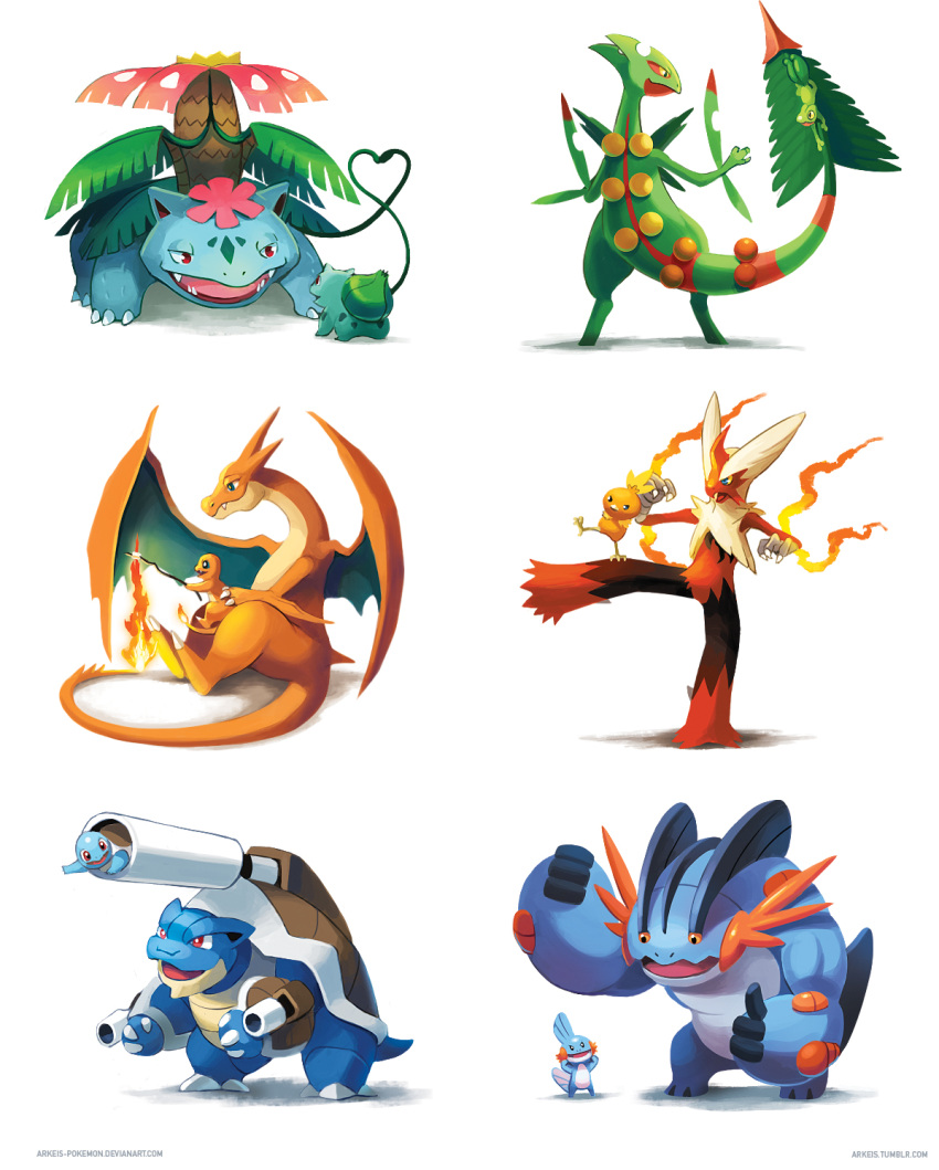 arkeis-pokemon, artist_name, beak, black_eyes, blastoise, blaziken, blue_eyes, bulbasaur