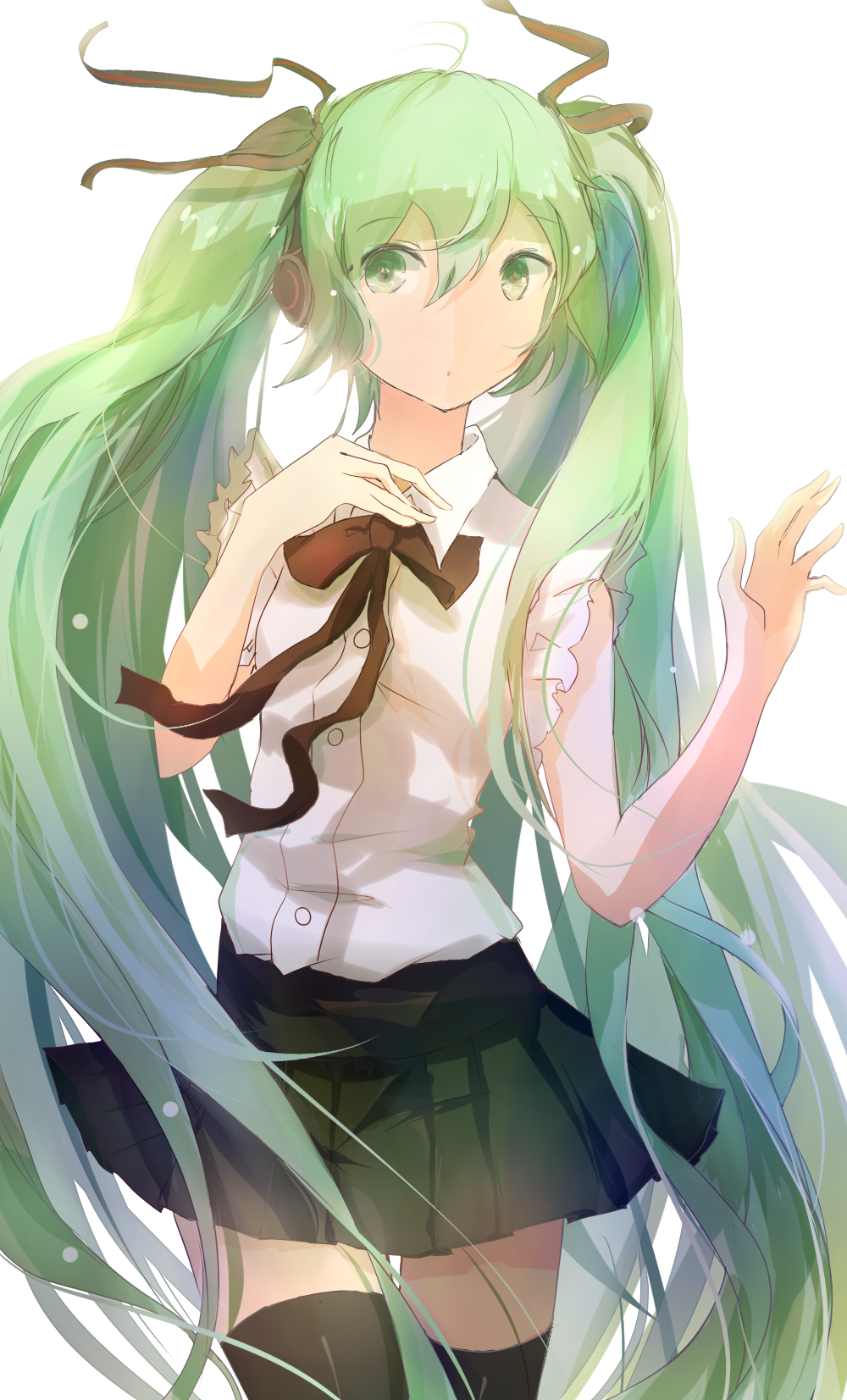1girl, green_eyes, green_hair, hair_ribbon, hatsune_miku, headphones, highres, long_hair