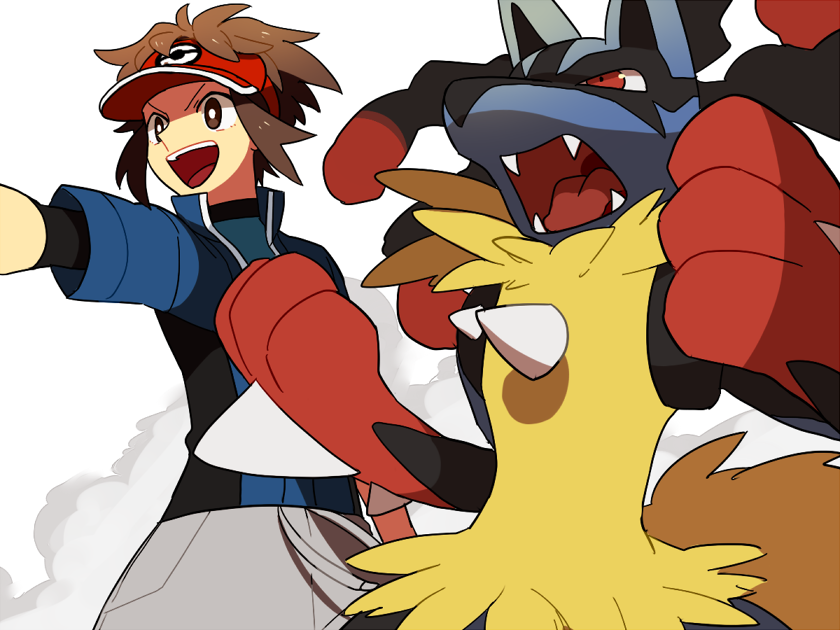 1boy, brown_hair, kyouhei_(pokemon), li_sakura, lucario, mega_lucario, mega_pokemon, pokemon