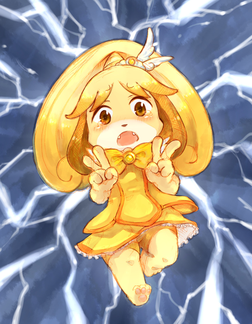 1girl, animal_crossing, animal_ears, bike_shorts, blonde_hair, brown_eyes, cure_peace, cure_peace_(cosplay), dog, dog_ears, fangs, furry, hair_ornament, highres, ino_(tellu0120), isabelle_(animal_crossing), kise_yayoi, long_hair, magical_girl, open_mouth, paws, ponytail, precure, skirt, smile_precure!, solo, tearing_up, tears, tiara, v, yellow_skirt