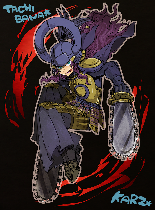 1boy, armor, cars_(jojo), chainsaw, dual_wielding, helmet, jojo_no_kimyou_na_bouken, long_hair, nonono_nagata, purple_hair, samurai, samurai_armor, sengoku_basara, solo, tachibana_muneshige_(sengoku_basara), tachibana_muneshige_(sengoku_basara)_(cosplay)