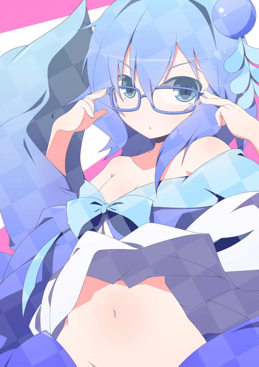 1girl, adjusting_glasses, bare_shoulders, belly, bespectacled, blue_eyes, blue_hair, glasses