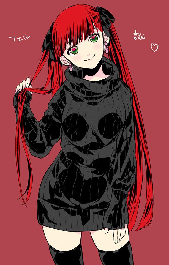 1girl, arcana_famiglia, black_legwear, earrings, felicita, green_eyes, hair_ribbon, heart, jewelry, jpeg_artifacts, long_hair, multicolored_eyes, red_background, red_eyes, redhead, ribbed_sweater, ribbon, sarachi_yomi, simple_background, sleeves_past_wrists, smile, solo, sweater, sweater_dress, thigh-highs, turtleneck, twintails, very_long_hair, zettai_ryouiki