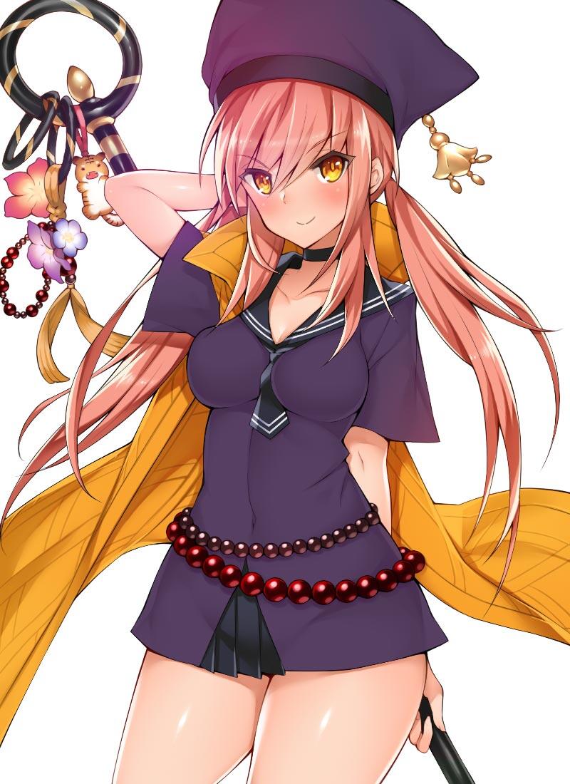 1girl, artist_request, blush, choker, covered_navel, hat, microdress, pink_hair