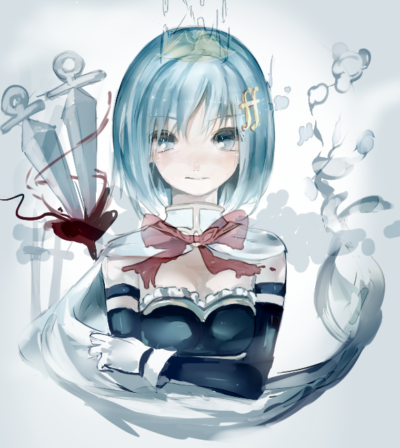 1girl, armband, blue_eyes, blue_hair, bubble, cape, gloves, hair_ornament