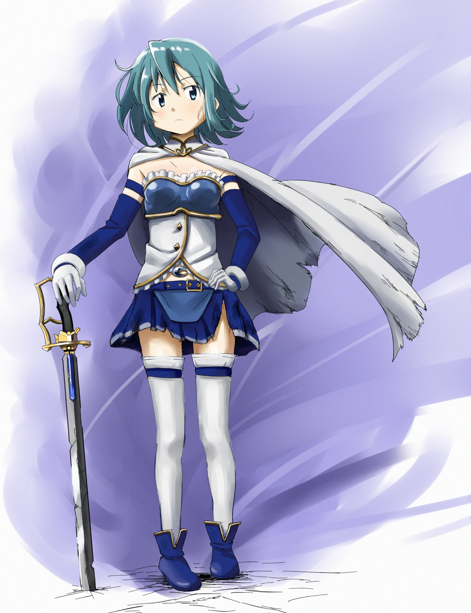 1girl, armband, belt, blue_eyes, blue_hair, cape, gloves, hand_on_hip