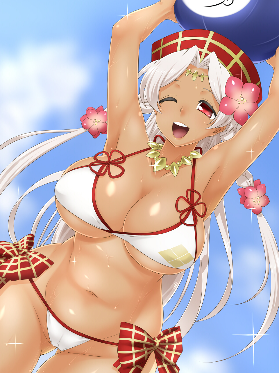 1girl, armpits, ball, beachball, bikini, breasts, cleavage, clouds