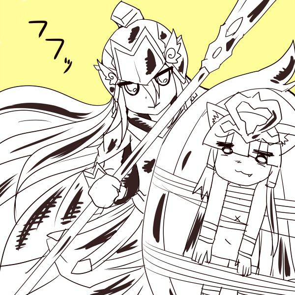 2girls, :3, animal_ears, armor, athena_(p&amp;d), bangs, bastet_(p&amp;d), blunt_bangs