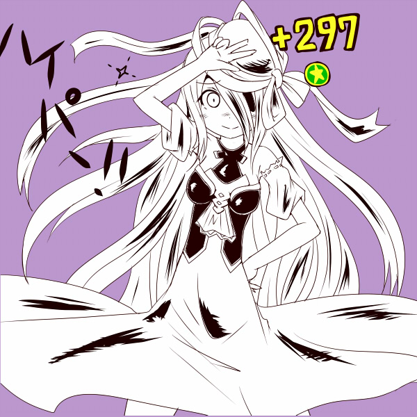 1girl, detached_sleeves, dress, gameplay_mechanics, hair_over_one_eye, hand_on_hip, hat, hat_ribbon