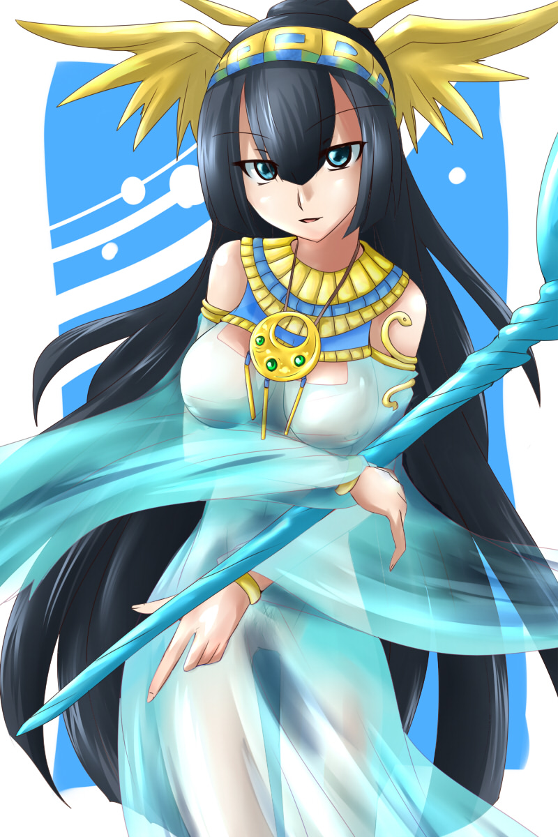 1girl, bare_shoulders, black_hair, blue_eyes, bracelet, breasts, dress, egyptian, egyptian_clothes, head_wings, headband, highres, isis_(p&amp;d), jewelry, long_hair, long_sleeves, mazikayu, necklace, no_bra, no_panties, open_mouth, puzzle_&amp;_dragons, see-through, smile, snake, solo, white_dress, wings