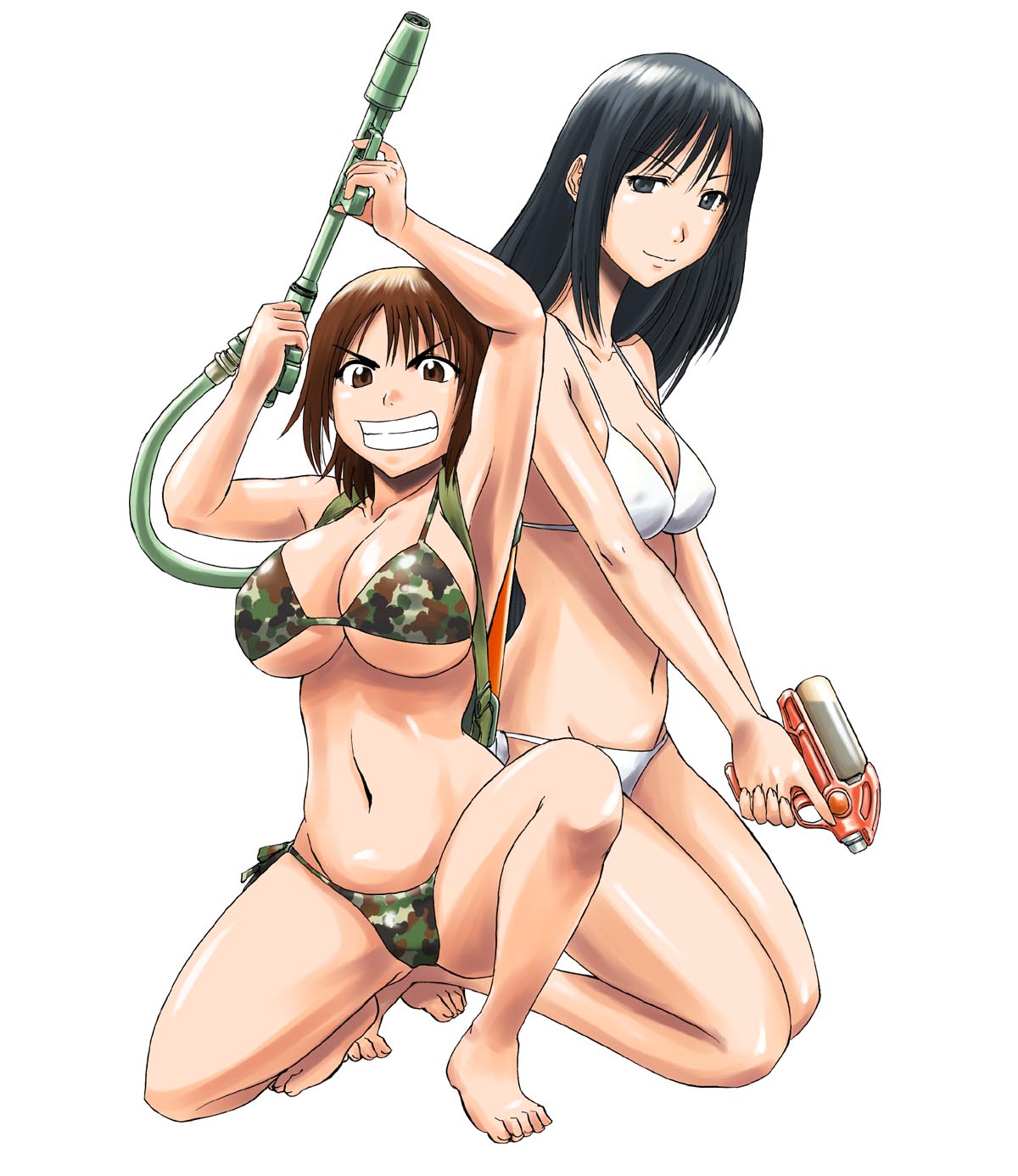 2girls, backpack, bag, barefoot, bikini, black_hair, breasts, brown_eyes, brown_hair, camouflage_bikini, cleavage, gate_-_jieitai_ka_no_chi_nite_kaku_tatakaeri, grey_eyes, grin, highres, kneeling, kuribayashi_shino, kurokawa_(gate), large_breasts, long_hair, multiple_girls, navel, one_knee, sao_satoru, short_hair, side-tie_bikini, sideboob, smile, strap_gap, swimsuit, trigger_discipline, underboob, water_gun, weapon, white_bikini, white_swimsuit
