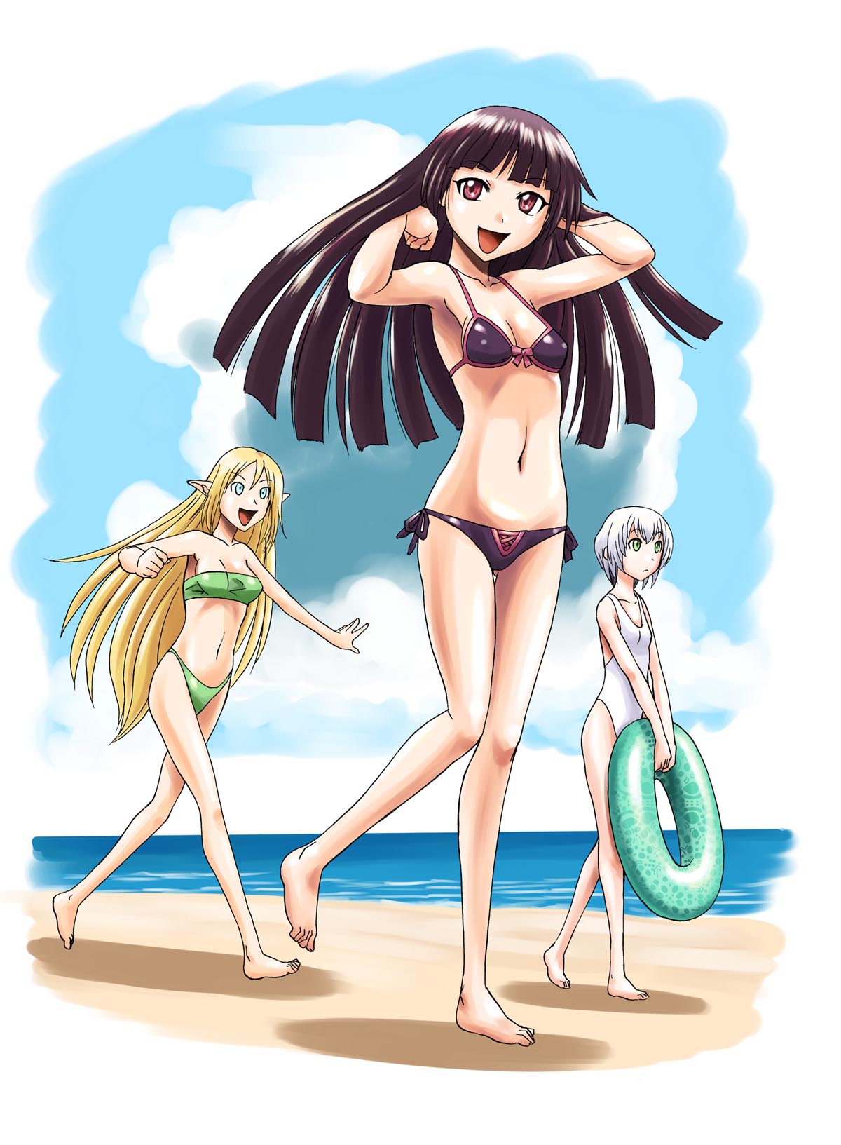 3girls, barefoot, beach, bikini, black_hair, blonde_hair, blue_eyes, elf