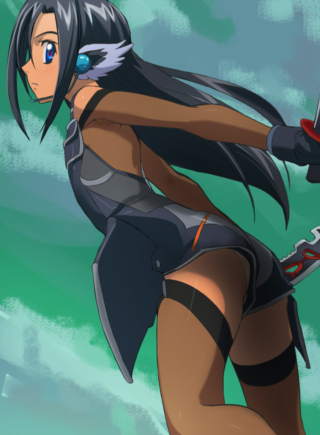 1girl, black_gloves, black_hair, blue_eyes, dark_skin, gloves, haruyama_kazunori, headset