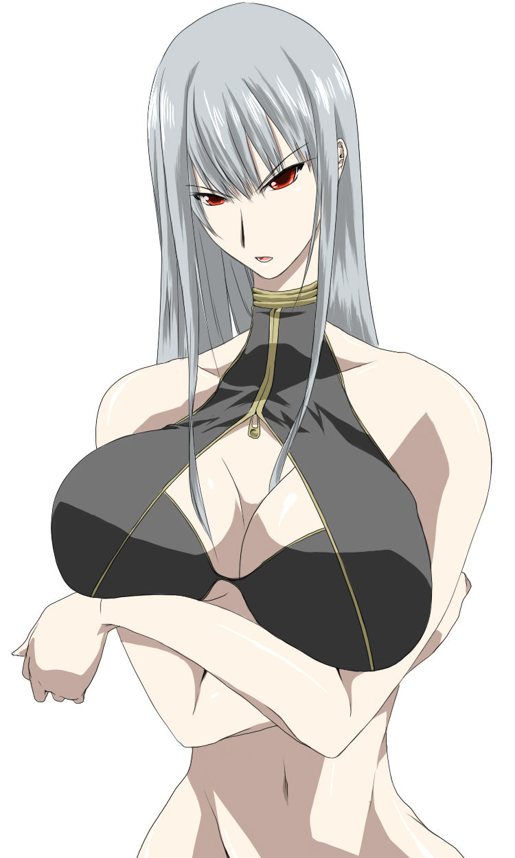 breasts, cleavage, crossed_arms, ksaiki, long_hair, red_eyes, selvaria_bles, senjou_no_valkyria