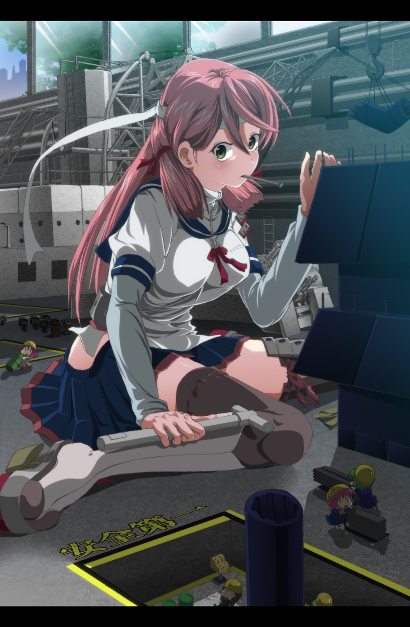 1girl, akashi_(kantai_collection), bandana, fairy_(kantai_collection), green_eyes, green_hair, hair_ribbon, headband