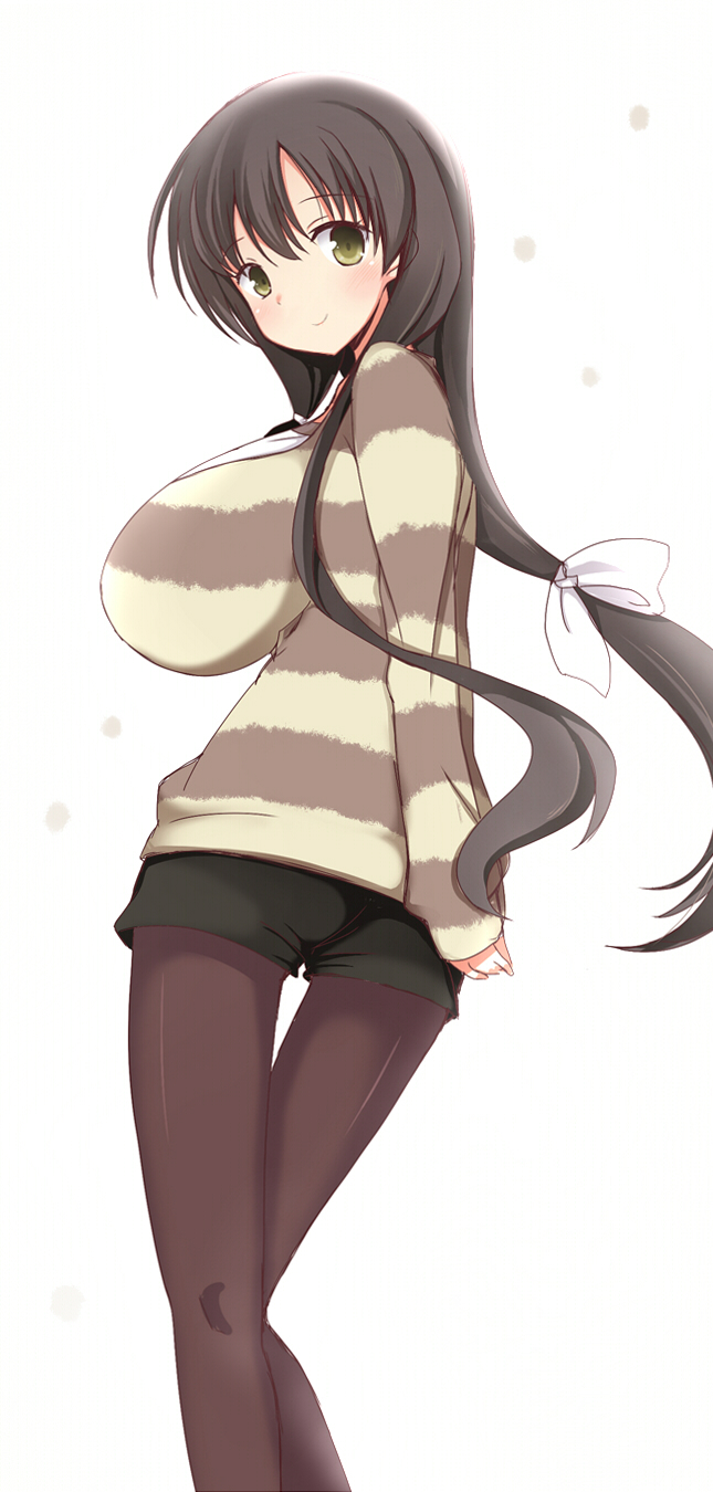 1girl, arms_behind_back, blush, breasts, brown_eyes, brown_hair, hair_ribbon, highres