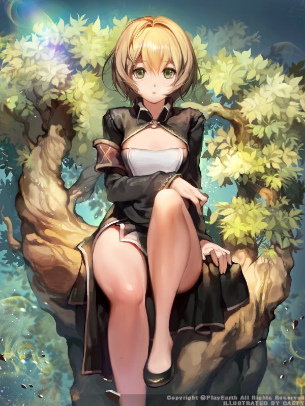 1girl, arm_support, armband, bare_legs, blonde_hair, bob_cut, caesty, china_dress