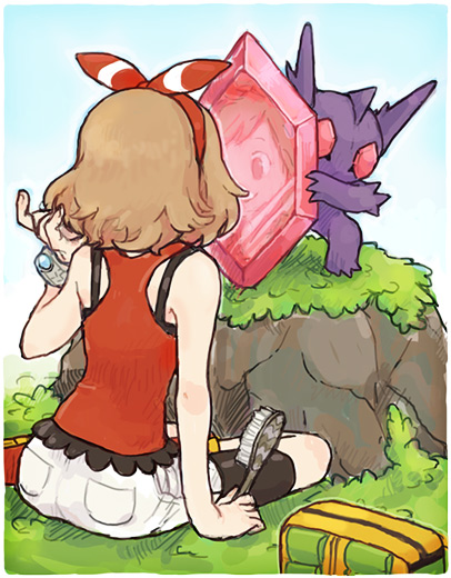 1girl, bandana, bike_shorts, bracelet, brown_hair, hair_brush, hair_down, haruka_(pokemon), haruka_(pokemon)_(remake), ikra_(katacoly), jewelry, mega_pokemon, mega_sableye, mirror, pokemon, pokemon_(creature), pokemon_oras, sableye